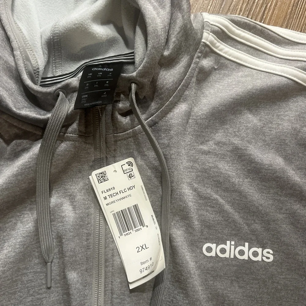 NWT Adidas Sweater‎ Mens 2XL Gray Full Zip Sweatshirt Stretch Hooded Athletic